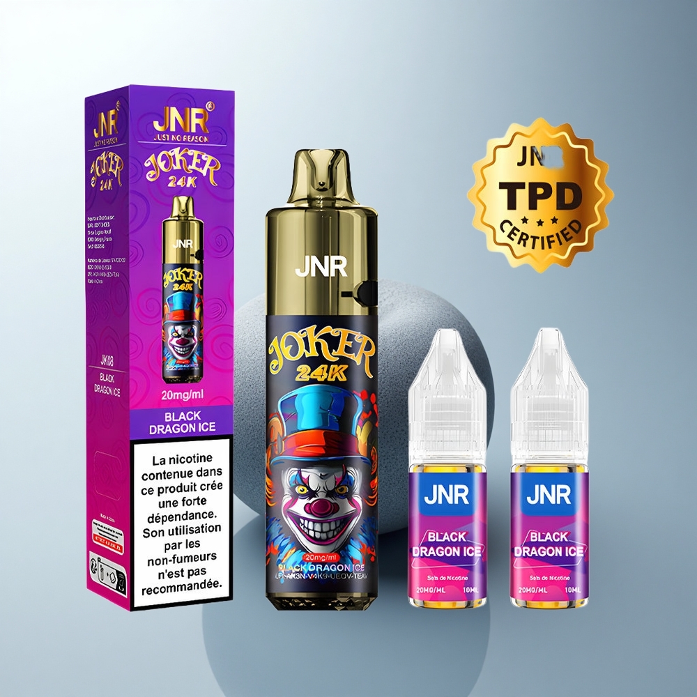 JNR Joker 24K Puffs Glace du Dragon Noir Rechargeable avec Lumière Respirante et 2% de Nicotine