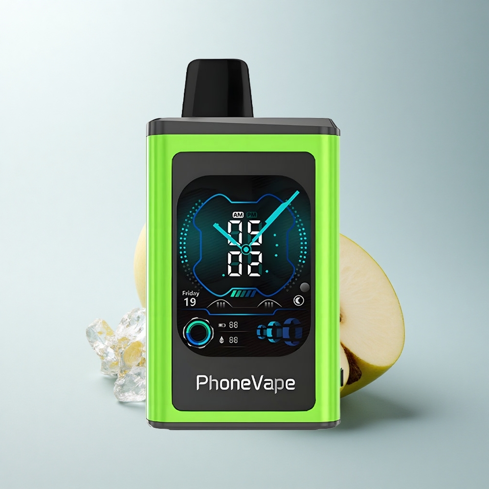 JNR PhoneVape 30000 Puffs Pomme Acidulée Glacée avec Batterie Rechargeable et Écran Complet