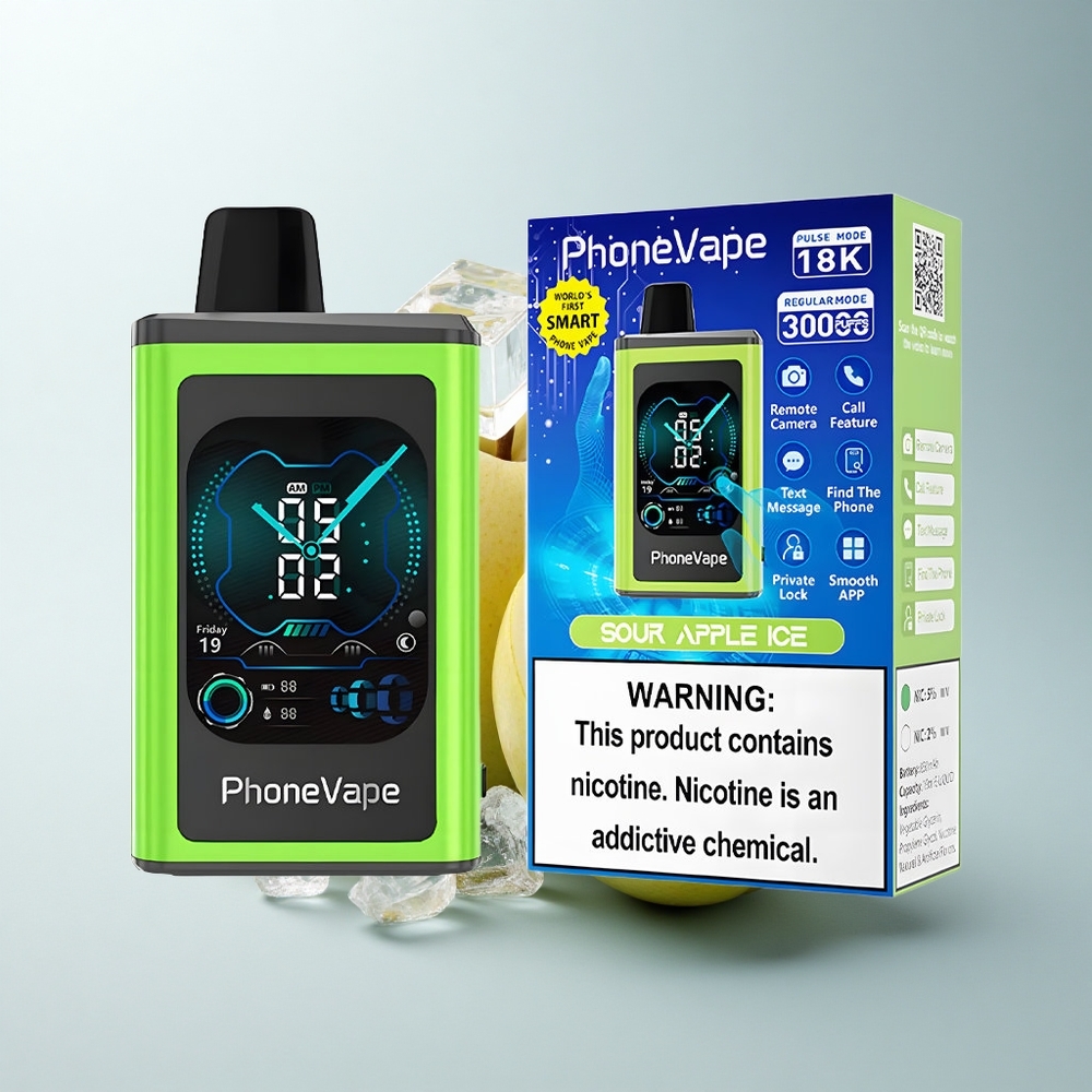 JNR PhoneVape 30000 Puffs Pomme Acidulée Glacée avec Batterie Rechargeable et Écran Complet