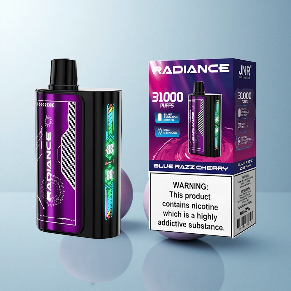 JNR Radiance 31000 Puffs Cerise Bleu Raz Dual Mesh Écran Animation Rechargeable