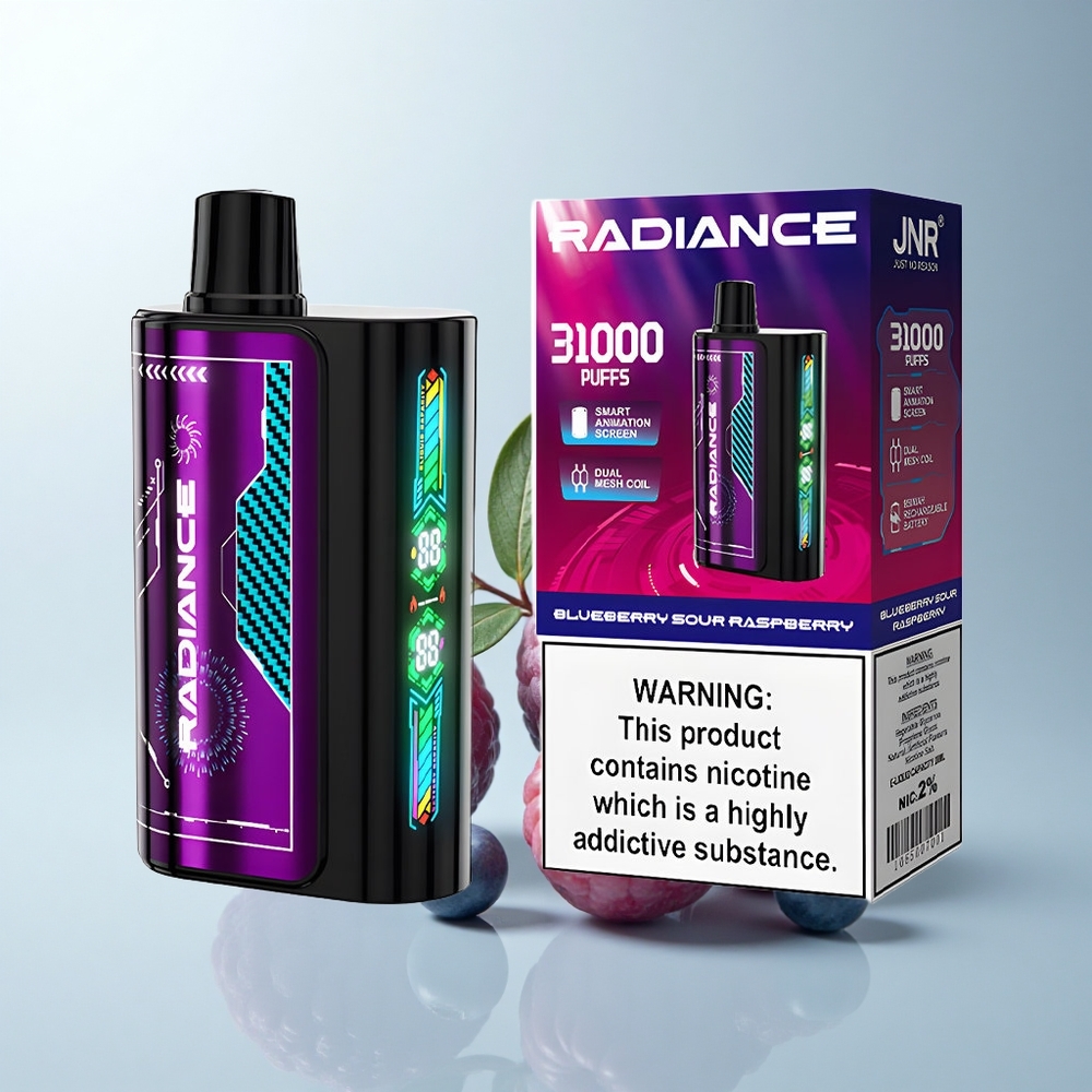 JNR Radiance 31000 Puffs Framboise Acidulée Myrtille Écran Animé Intelligent Dual Mesh Coil