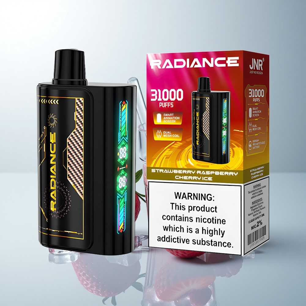 JNR Radiance 31000 Puffs Glace Fraise Framboise Cerise avec Écran Animé Intelligent et Double Bobine Mesh
