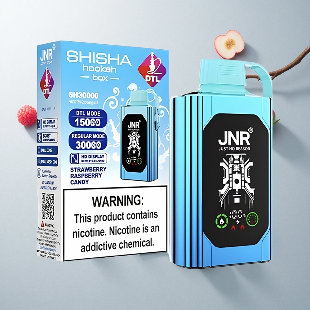 JNR Shisha Hookah Box 20500 Puffs Bonbon Fraise Framboise avec Double Noyau et Charge Rapide Type-C